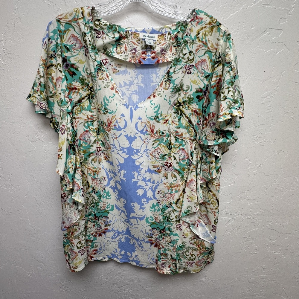 Sundance Top Womens Small Blue Floral Abstract Ruffle Sleeve Boho Blouse Rayon